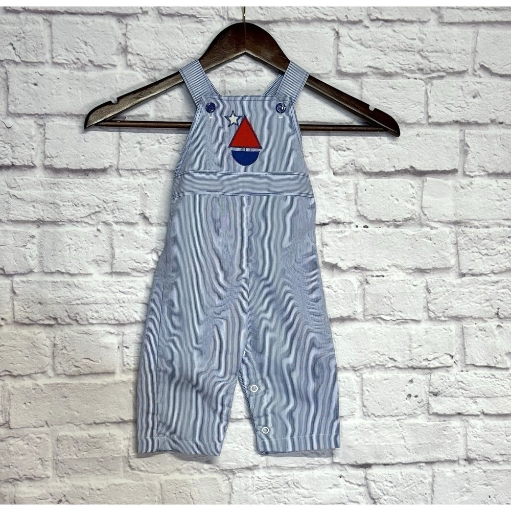 Vintage Health-Tex Sailboat PinStripe Overalls Retro Unisex Size 9 Months